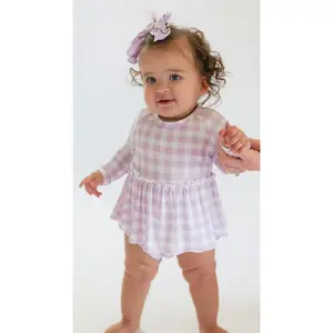 Infant Long Sleeve and Skirt Onesie in Purple Gingham