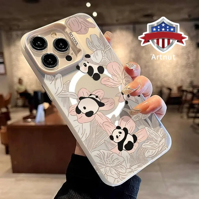 Panda Garden Pattern Magnetic Polycarbonate Phone Case for iPhone 15 16 14 Pro Max 13 12 11 XR XS Plus, Digital Accessories Cover Protector with Shockproof Drop, Rugged Protection