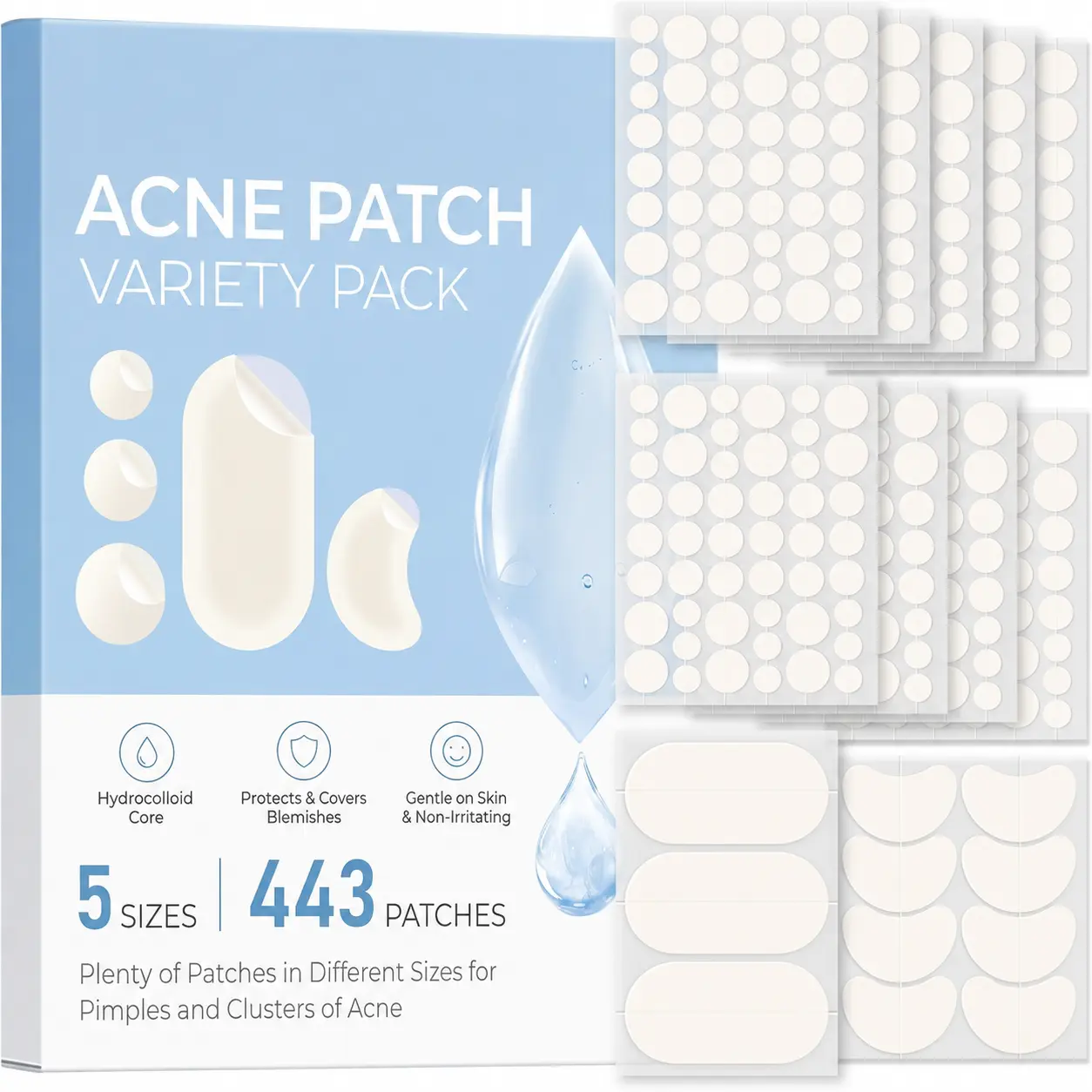 443 Count Pimple Patches for Face, Hydrocolloid Acne Cover Patch Bulk | Pimple Stickers for Cheeks, Forehead, Chin Blemishes Zit & Breakouts, All Skin Types, Dots, Strips, Contoured 5 Sizes Variety