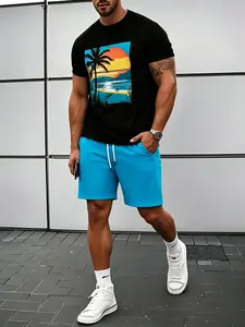 men 2 piece sets Fashionable men's coconut tree summer fresh T-shirt and shorts set, slightly elastic polyester knitted fabric, regular style, shorts, suitable for summer outdoor activities and family gatherings fathersdaygift