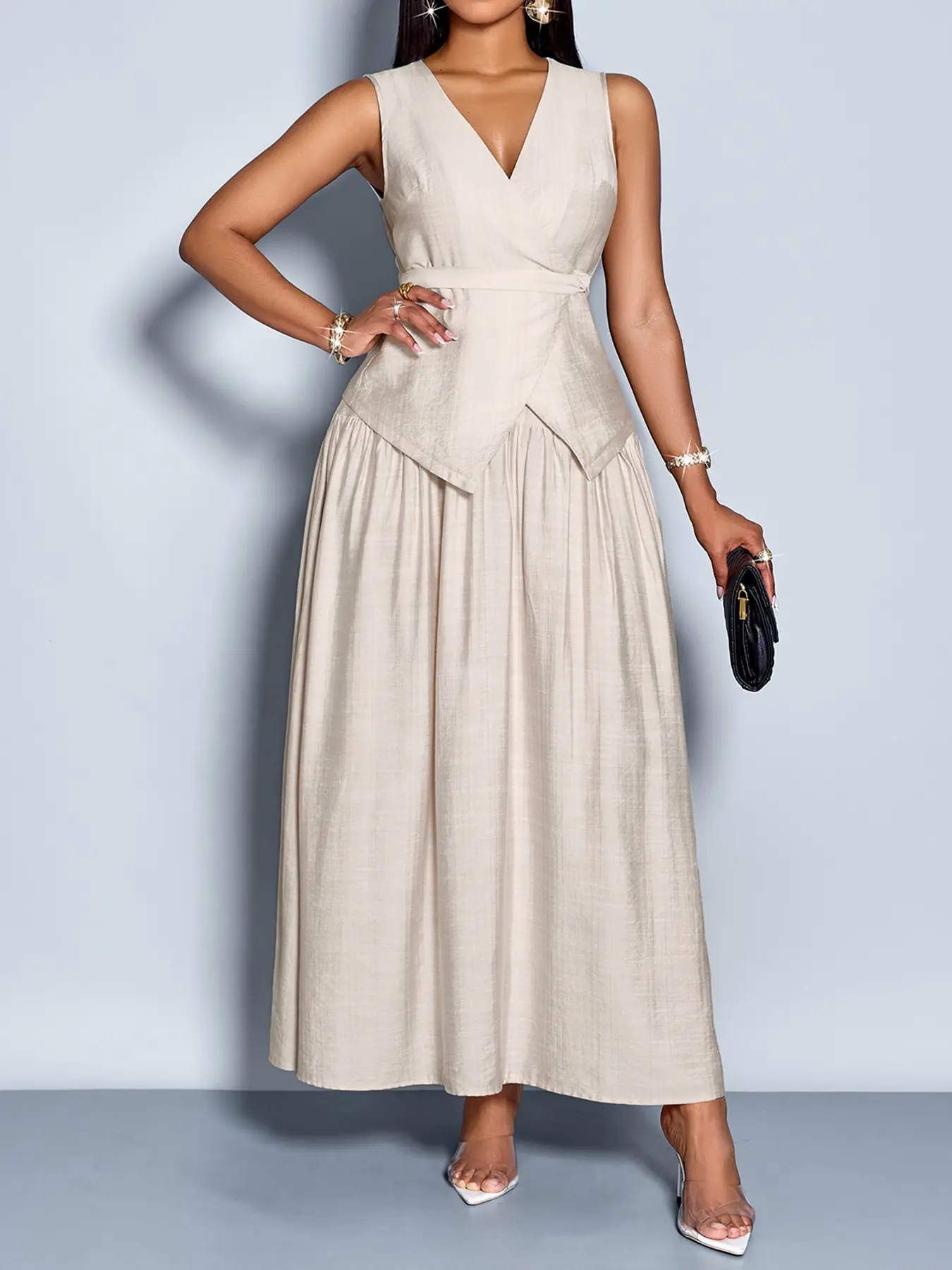 Women's Two-Piece Spring Set: Solid-Color Linen Sleeveless Wrap-Style Belted Vest & Elegant Loose-Fit Skirt — Commuter Vest Suit, Minimalist Style, Office Wear, "Old Money" Aesthetic, Simple Two-Piece Outfit, Lightweight Linen Sets Clothes