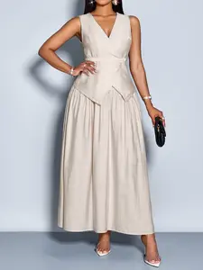 Women's Two-Piece Spring Set: Solid-Color Linen Sleeveless Wrap-Style Belted Vest & Elegant Loose-Fit Skirt — Commuter Vest Suit, Minimalist Style, Office Wear, "Old Money" Aesthetic, Simple Two-Piece Outfit, Lightweight