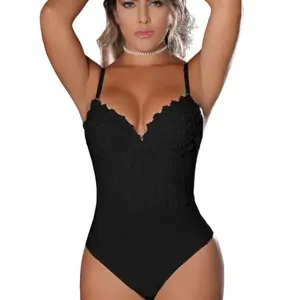 Moda Colombiana Bodysuit Ref 673 Black Spaghetti Strap V Neckline with Rhinestone Accents Cup Size M or Large Adjustable Slimming Thong Bodysuit
