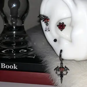 Dark gothic devil wing earrings, red heart ear cuffs, medical titanium steel dragon claw zircon earrings, ear cuffs, earrings Stainless Cuban Link Necklace