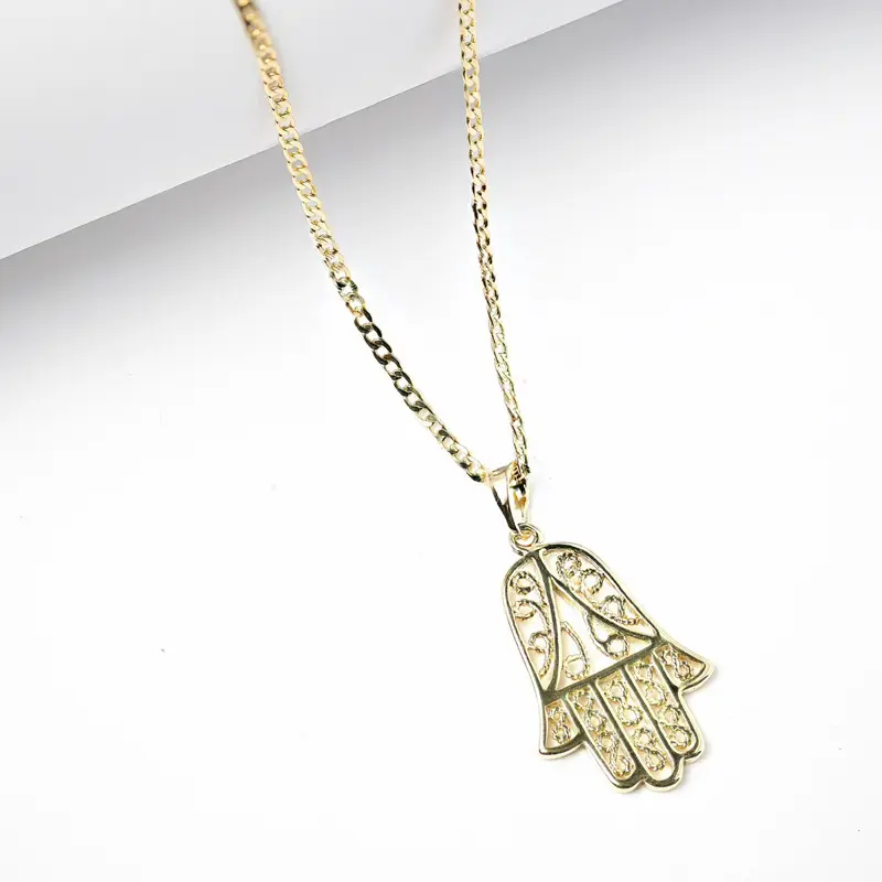 14 Karat Gold Plated Hamsa Hand Gold Jewelry Necklace, 2mm Chain (16-20-22 in), Textured Design Protection Symbol, Elegant Everyday Wear Accessory