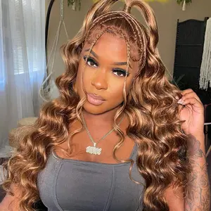 Arabella 2P4/27 4# Brown Mixed 27# Honey Blonde with 2# Dark Brown Roots 13x6 Glueless Lace Front Drawstring Wig Loose Body Wave Wig 100% Human Hair SpringStatements