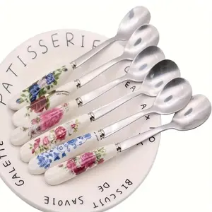 PrimPick A 6-piece set of stainless steel coffee spoons with floral ceramic handles - an elegant mixing and serving tool, suitable for sugar, ice cream and soups - a durable kitchen and dining accessory Tea Spoon