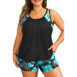 Tempt Me Women Plus Size Tankini Swimsuits - Two Piece Flowy Bathing Suits with Pocketed Boyshorts Swimwear