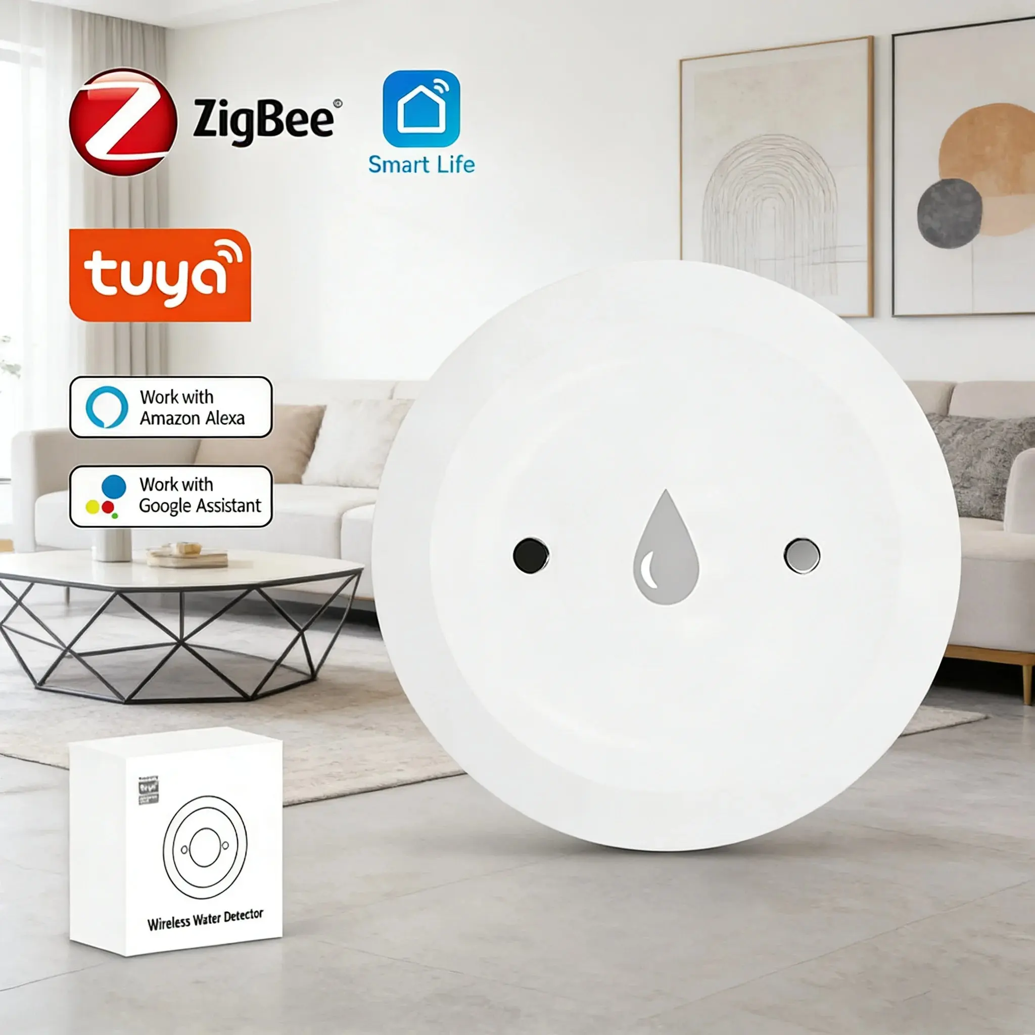 Smart Water Leak Sensor — Zigbee, App Alerts, 1–8 Pack