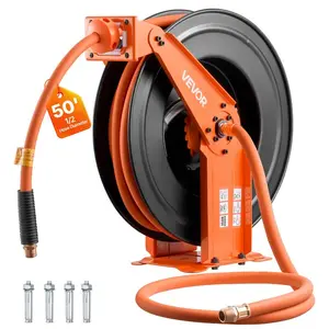 VEVOR Retractable Air Hose Reel, 1/2 Inchx 50 FT Rubber Air Hose Max 300PSI, Auto Rewind Air-Compressor Hoses Reel with 5 ft Lead in, Ceiling/Wall Mount Heavy Duty Steel Double Arm