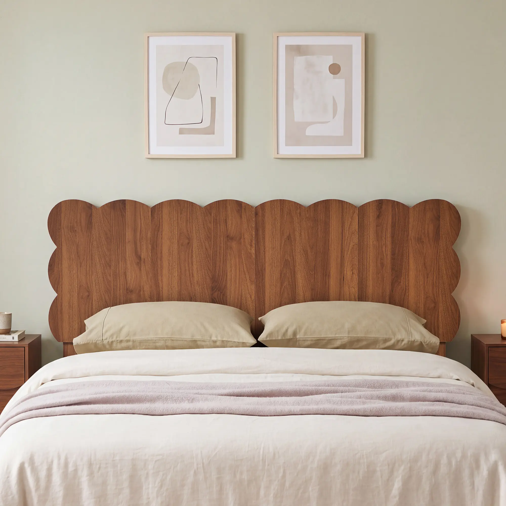 Giratree Wave‑Shape Freestanding & Wall Mount Bed Head Board, Walnut Wood Grain Bedroom Dorm Room Bed Frame Headboard