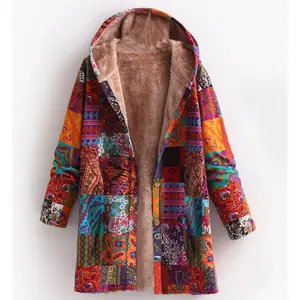 Womens Boho Patchwork Colorful Ethnic Print Mid Length Hooded Coat Fleece Lined Must Have Cozy Warm Breathable with Side Details Unique Casual Outerwear
