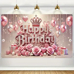 Crown & Balloon & Rose Pattern Happy Birthday Background Banner, 1 Count Exquisite Birthday Party Background, Party Decoration Supplies for Home & Outdoor, Ornaments, Birthday Party Decorations