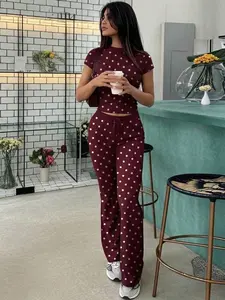 Fashion Casual Yoga Vintage Polka Dot Short Sleeve Top Long Pants Set for Women, Comfortable and Stylish Workout
