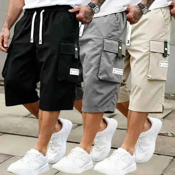 Men's 3-Pack Cargo Shorts, Casual 7/8 Length Athletic Style Menswear with Multiple Pockets and Elastic Drawstring Waist
