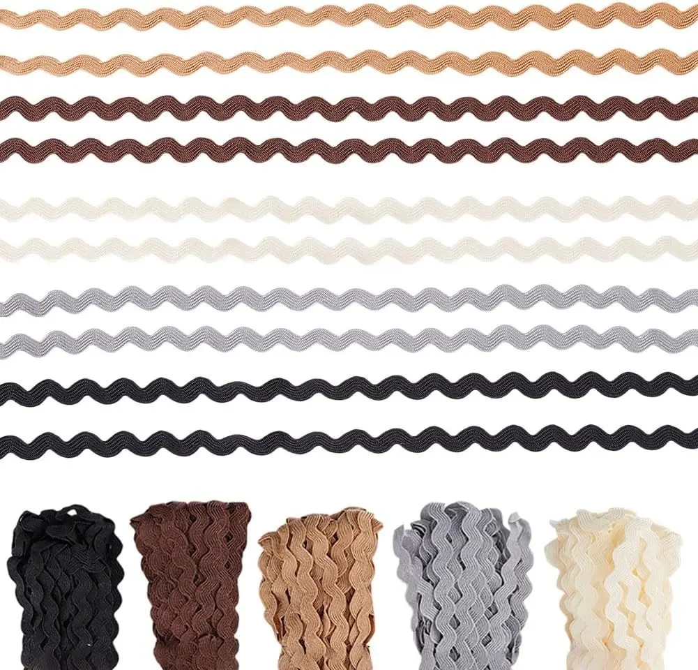 150yd Wave Pattern Rick Rack Ribbon - 7mm Wave Bending Fringe Trim, 5 Earth Colors Zig Zag Braid Fabric Webbing for Crafters, Sewing Clothes, Gift Wrapping Home Decor