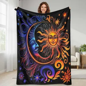 Sun and Moon Flannel Blanket Celestial Abstract Art Print with Vibrant Boho Mandala Elements Soft Warm Cozy Lightweight Throw for Bedroom Living Room Meditation Space Yoga Studio Home Decor Gift