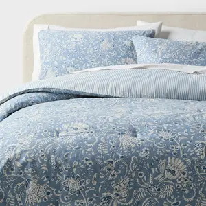 King Floral Paisley Casual Textured Cotton Reversible Comforter and Shams Set Blue - Threshold