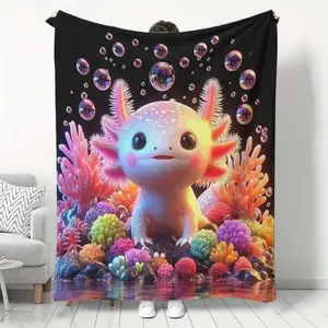 Soft Funny Throw Blanket Cartoon Axolotl Print Flannel Reversible Anime Fan Comfortable Warm Fluffy For Home Office School Travel