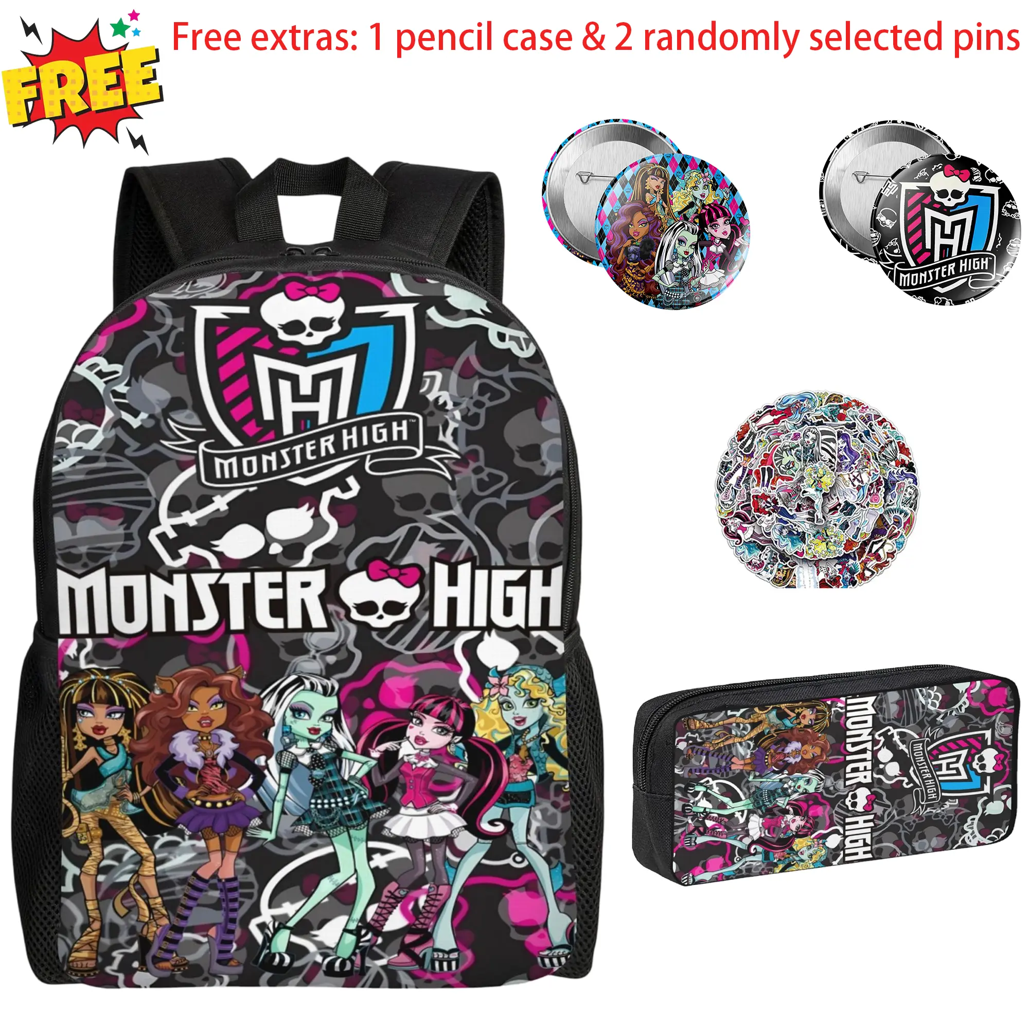 2Pcs Monster High Cartoon Print Backpack Set Unisex, 17 Inch Large Capacity Laptop Rucksack with Pencil Pouch, Spacious Student Bookbag for Middle High School, Ideal Birthday Festival Party Gifts