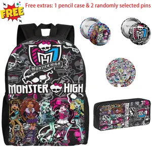 2Pcs Monster High Cartoon Print Backpack Set Unisex, 17 Inch Large Capacity Laptop Rucksack with Pencil Pouch, Spacious Student Bookbag for Middle High School, Ideal Birthday Festival Party Gifts