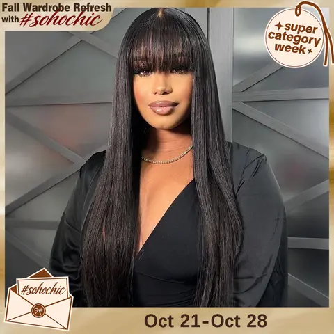STERLY Glueless Human Hair Wig with Bangs 180% Density 2x4 lace Closure Wigs Middle Part Lace Wig Loose Body Wave Machine Made Wigs for Women Yaki Straight Front Wig Brazilian Hair Wigs HD Transparent Lace Wigs #sohochic