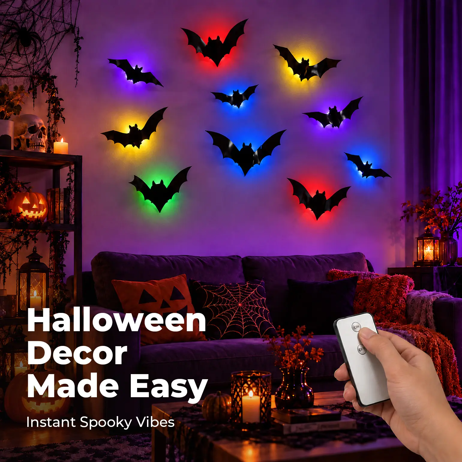 BougeRV 3D Bat Light LED Decorations, 12/24pcs Set, Halloween Spooky Decor, Bat/Spider/Butterfly Shapes, Bendable Wall Stickers, Easy Bubble-Free Application, Battery Powered, Non-Remote, Indoor Decor for Home, Party, Window, Door & Festival