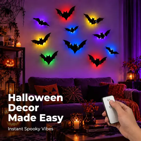 BougeRV 3D Bat Light LED Decorations, 12/24pcs Set, Halloween Spooky Decor, Bat/Spider/Butterfly Shapes, Bendable Wall Stickers, Easy Bubble-Free Application, Battery Powered, Non-Remote, Indoor Decor for Home, Party, Window, Door & Festival