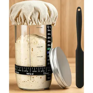 Complete dough Starter  Kit, Large Wide Mouth Glass Bread Fermentation Container with Thermometer Scraper Cloth Lid, Full Set Home Baking Fermenting Supplies