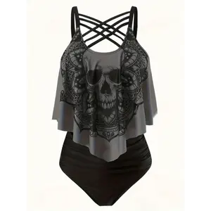 Plus Size Tankini Set with Female Skull Print Halloween Two-piece Swimsuit Beach Outfi