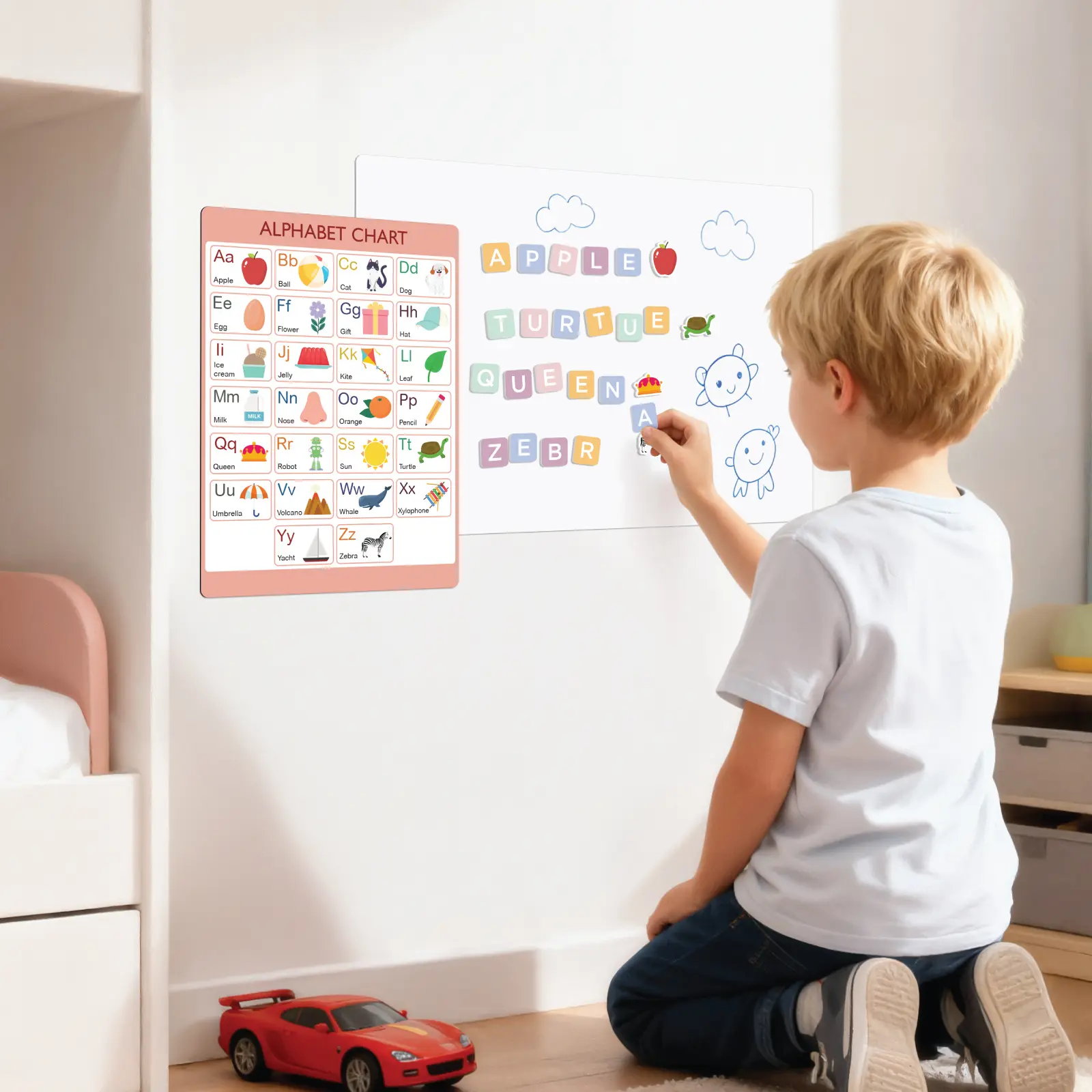 Back To School shopping Comix Magnetic Whiteboard Learning Set - Peel & Stick Dry Erase Writing Board, Removable Alphabet Board, Letter and Shape Magnets (Office, School Educational Supplies)