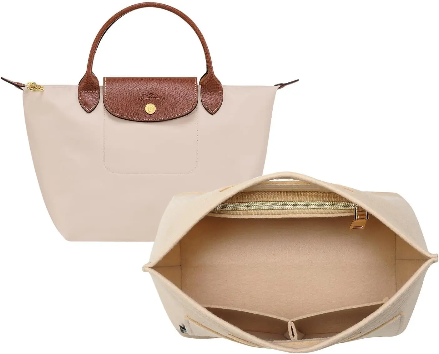 【NewYear2026】Felt Purse Organizer Insert for Longchamp Le Pliage Tote, Premium Bag Organizer with 9 Compartments, Small Beige Handbag Liner