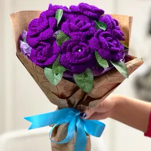 Crochet Violet Color Roses Bouquet with Beautiful Package Personalized Gift for Mom Friends Graduation Celebration Valentine's Day