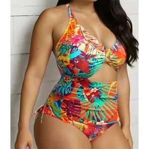 2026 Print Strapped Plus Size Swimwear Women Back Cross Hollow Large One Piece Swimsuit Summer Beach Big Bathing Suit
