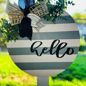 Hello Striped Decorative Yard Stake with Bow and Greenery for Outdoor Home Decor