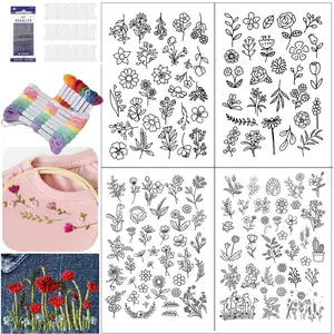 Floral Pattern Stabilizer Hand Flower Embroidery Kit, Self-Adhesive Transfer Fabric, Washable Pre-Printed Cloth, DIY Clothing Bag Sewing Supplies