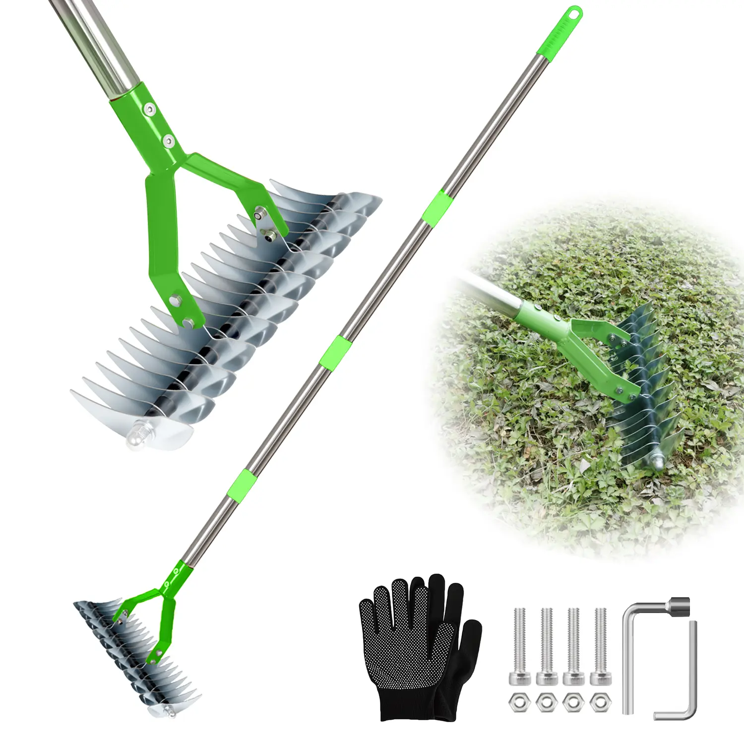 Thatch Rake, 65in Handle, 14in Head, Adjustable Angles, Cushioned Grip, Dual-Sided Tines, Efficient Steel Dethatcher for Lawn Grass Dead Grass Cleaning, Heavy Duty Garden Car Body Repair Tool