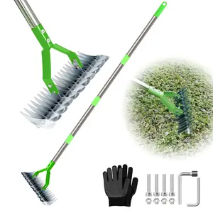 Thatch Rake for Lawn with 65inch Handle, 14 inch Dethatcher Rake for Grass to Cleaning Dead Grass, Efficient Steel Metal Rake for Dethatching, Heavy Duty Thatching Rakes for Garden Yard outdoorfun