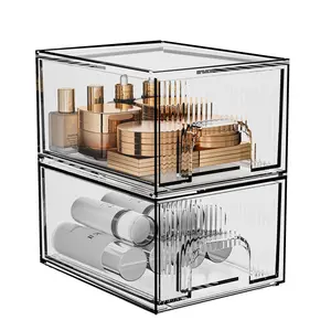 2Pack Striped Stackable Makeup Organizer, Clear Acrylic Organizers Storage Drawer Organizer, Cosmetics Case and Beauty Organizer for Vanity, Kitchen Cabinets, Pantry Organization and Storage