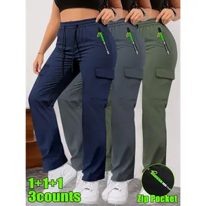 3pcs Women's Spring/Autumn Letter Print Green Zipper Pocket Cargo Trousers with Fashionable Large Patches, Drawstring Elastic Waist Casual Outdoor Long Pants for Jogging and Daily Wear