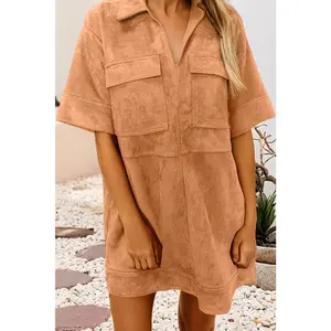 V Neck Faux Suede Short Sleeve Shift Mini Dress: Thai Curry