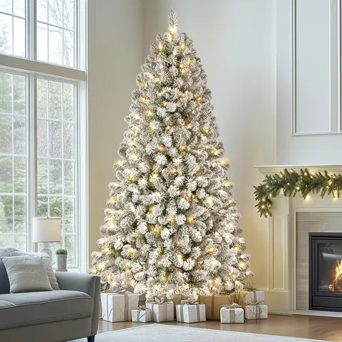Alupssuc Pre-Lit Snow Flocked Artificial Xmas Tree, Warm White LED Lights, Hinged Branches, Foldable Metal Stand, Holiday Decoration Tree for Apartment Christmas Decor & Christmas House Decoration