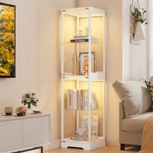 FREDEES Glass Display Cabinet with Doors, 65" Tall 4-Tier Curio Display Case with 3 Color Lights and Human Body Sensor, Bookcase for Collectibles, White