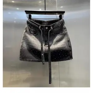 Vintage Diamond Denim Mini Skirt for Women Summer High Waist Shiny Rivet Slim Skirt(Sheets)