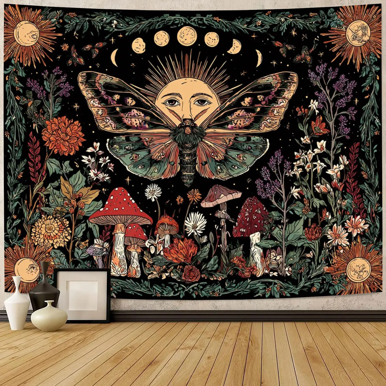 Polyester Boho Sun & Moon Tapestry - Adorable Design Tapestry, Large Wall Decor with Fantasy Motifs, Butterflies, Dancing Flowers, Mushrooms, Bohemian Whimsical Home Decor for Bedroom, Living Room, Adorable Design Tapestries