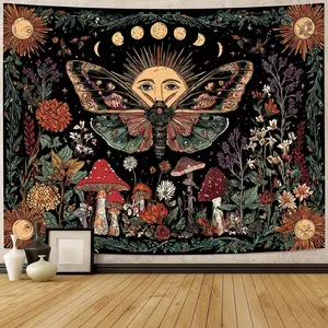 Boho Sun and Moon Polyester Tapestry, Large Fantasy Wall Hanging with Butterflies, Dancing Flowers, Mushrooms, Bohemian Aesthetic Whimsical Home Decor for Bedroom, Living Room, Room Inspo, Bedroom Decor Ideas, Cozy Live Streaming Backdrop