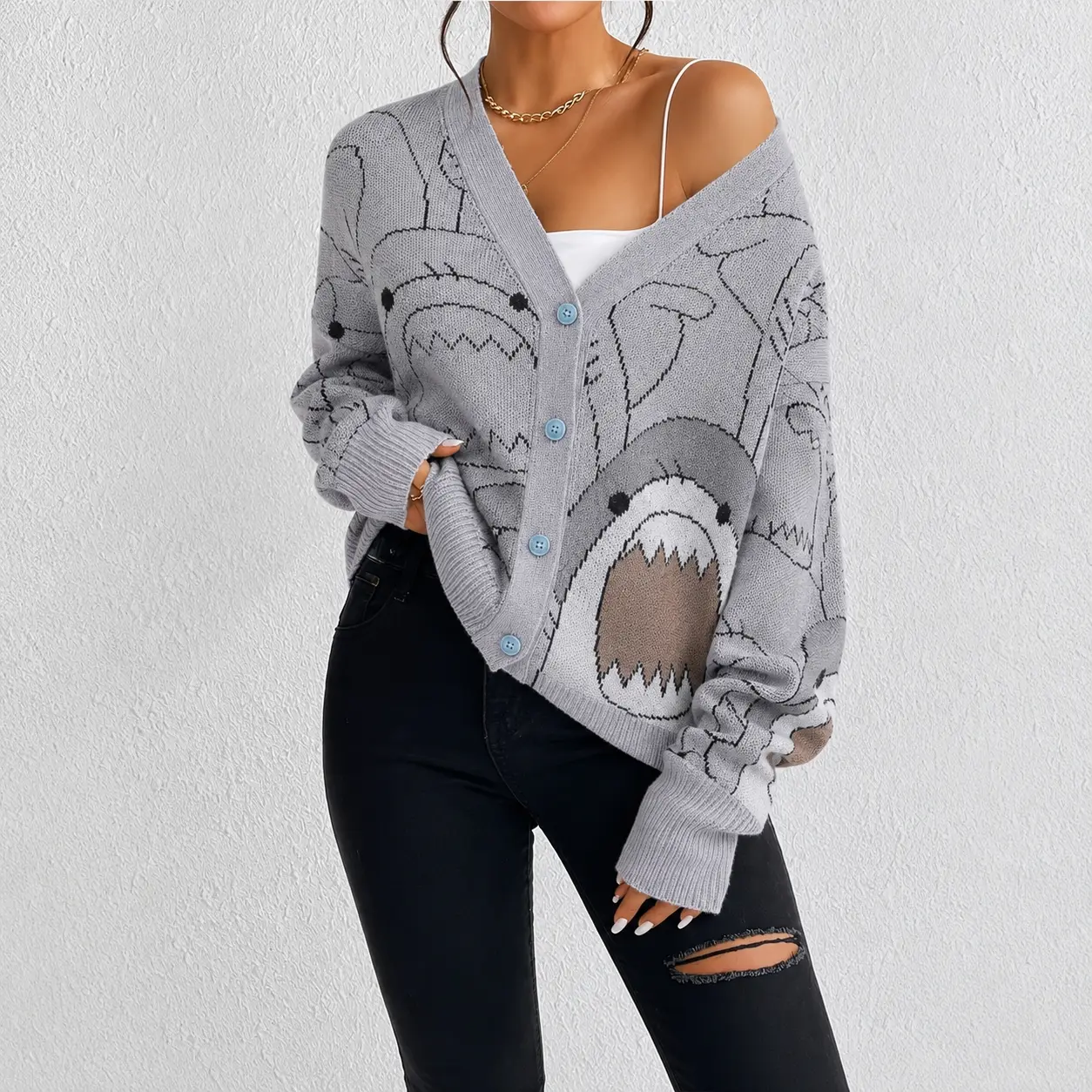 Women V Neck All Over Cartoon Shark Print Knit Cardigan Button Down Slim Fit Kawaii Marine Graphic Streetwear Casual Warm Fall Outer Sweater Jacket