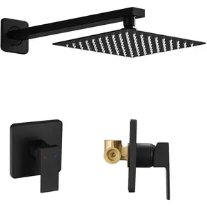 Black Shower Faucet Set, Single Function Shower Trim Kit with Rough-in Valve, Square Rain Shower Head System Included Long Shower Arm for