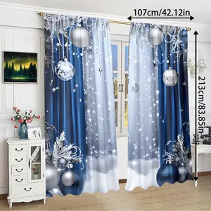 Christmas Drapes Set, Elegant Blue Screen Silver Color Balls Design, Perfect for Living Room & Bedroom Decor, Privacy Protection Curtains