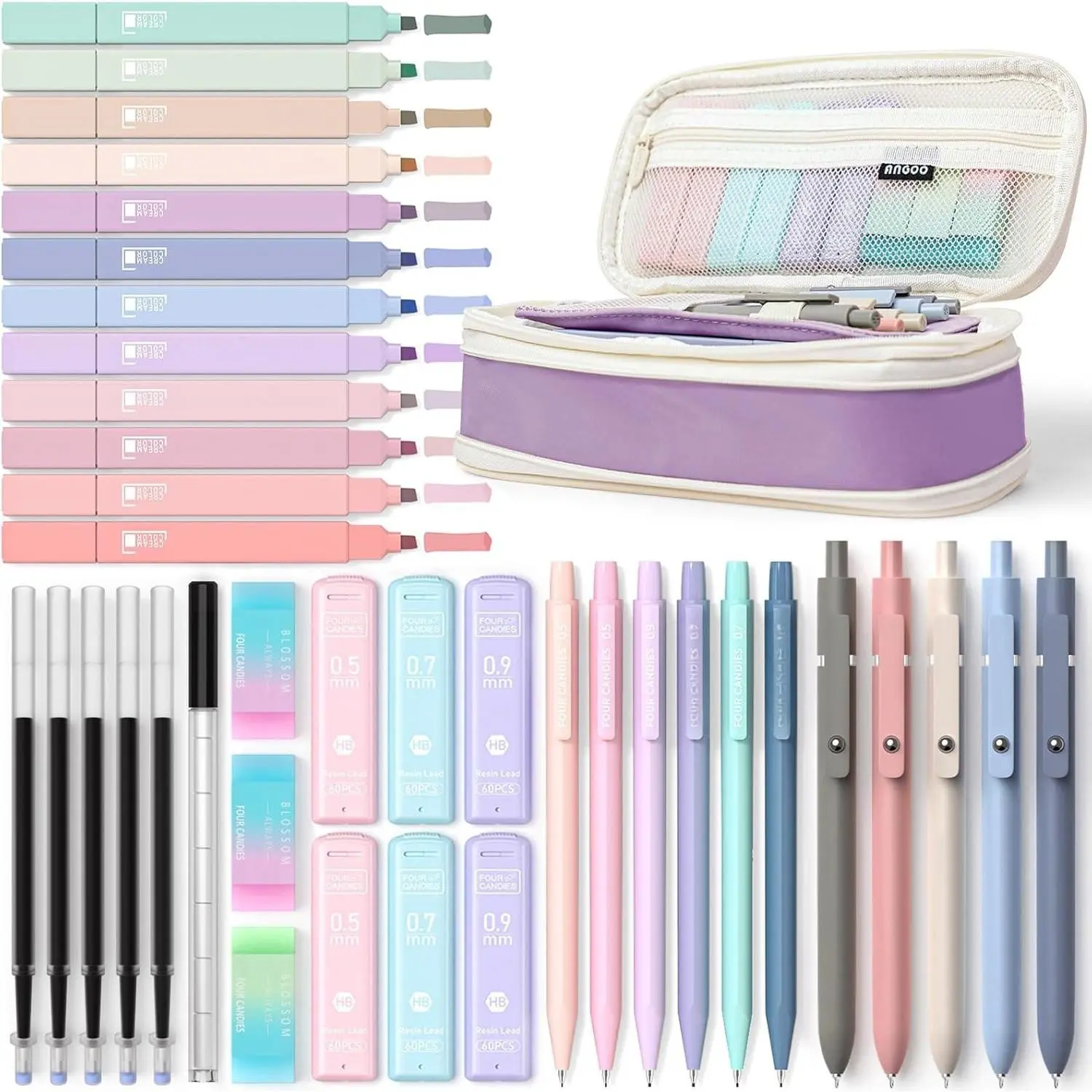 39 count Aesthetic School Supplies with Cute Pen Case, 12 Pastel Highlighters, 5 Black Ink Gel Pens, 6 Mechanical Pencils Set for Students Stationary College Essentials (Purple)